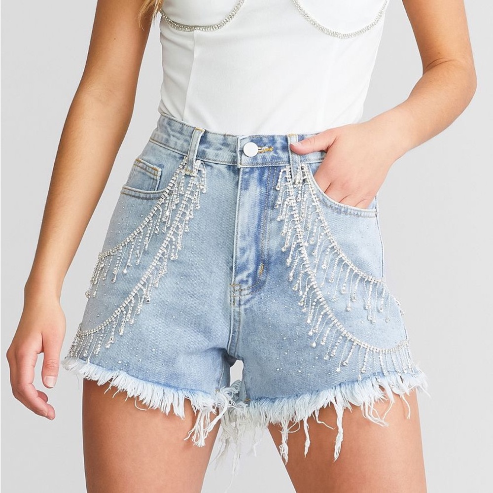 Blue B Ultra High Rise Rhinestone Fringe Denim Shorts Size M
